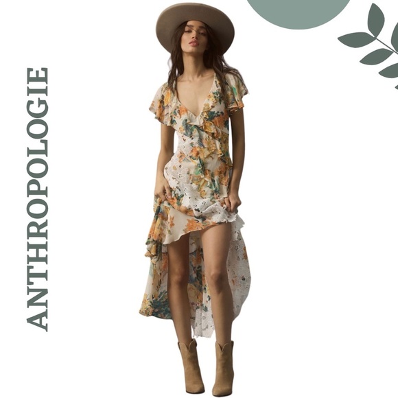Anthropologie Floral Ruffle Maxi Hi Low Dress - V Neck Lined Romantic Size 20W - Picture 1 of 13